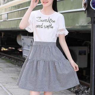 Lettering Short-sleeve Plaid A-line Dress