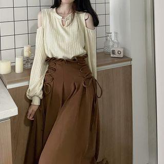 Cold-shoulder Sweater / Midi A-line Skirt