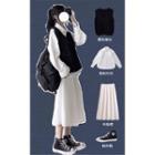 Set: Long-sleeve Shirt + Sweater Vest + Midi A-line Skirt