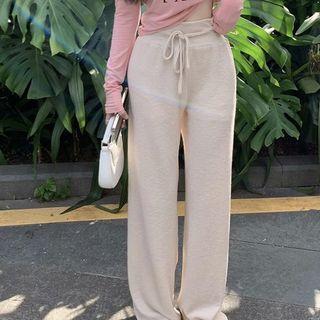 High-waist Plain Straight-leg Knit Pants