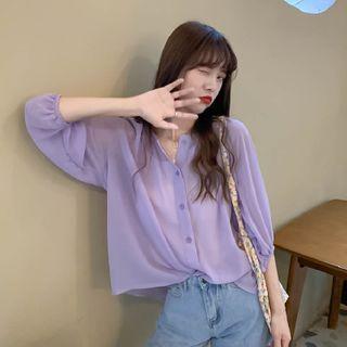 V Collar Long-sleeved Shirt