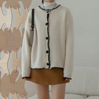 Round-neck Color-block Cardigan Almond - One Size
