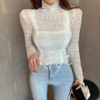 Long-sleeve Turtleneck Ruched-front Lace Top