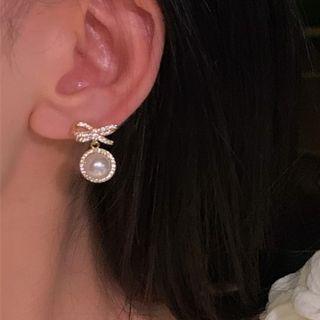 Bow Faux Pearl Dangle Earring 1 Pair - Gold & Off-white - One Size