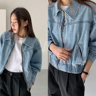 Collared Denim Blouson Jacket Light Blue - One Size