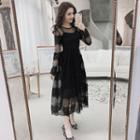Set: Plain Slipdress + Long-sleeve Lace Midi Dress