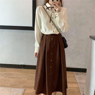 Two-tone Shirt + Overall Dress + Buttoned Midi Skirt