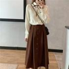 Two-tone Shirt + Overall Dress + Buttoned Midi Skirt