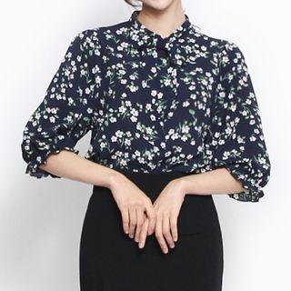 3/4-sleeve Tie-neck Floral Top