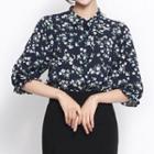 3/4-sleeve Tie-neck Floral Top