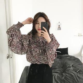 Print Frilled Long-sleeve Blouse