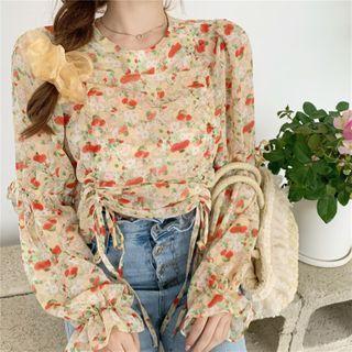 Floral Print Bell-sleeve Blouse Almond - One Size