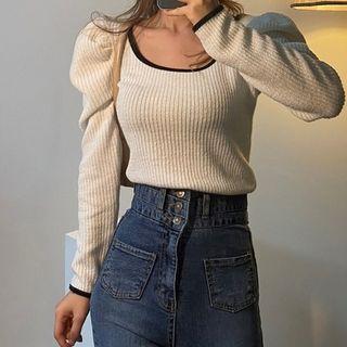 Square Neck Puff Sleeve Knit Top