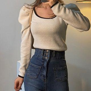 Square Neck Puff Sleeve Knit Top