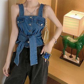 Tie-waist Denim Sleeveless Top Blue - One Size