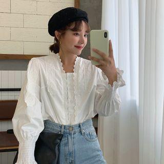 Puff-sleeve Ruffled Plain Blouse White - One Size