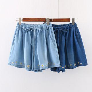 Flower Embroidered Denim A-line Mini Skort
