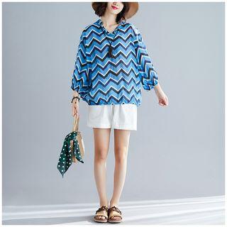 Wavy Striped Elbow-sleeve Top Blue - One Size