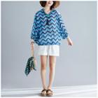 Wavy Striped Elbow-sleeve Top Blue - One Size