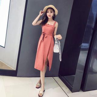 Sleeveless Tie-waist Slit-front A-line Dress