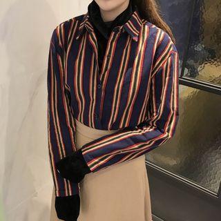 Pinstripe Long-sleeve Mock Two-piece Blouse