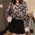 V-neck Patterned Sweater/ Mini A-line Skirt