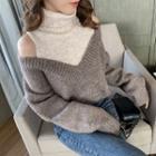 Paneled Turtleneck Cold-shoulder Sweater