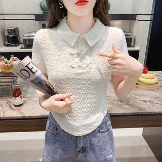 Short-sleeve Shirred Frog Buttoned Top
