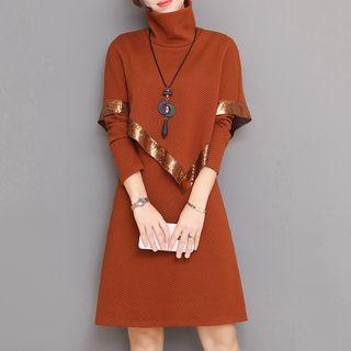 Set: Long-sleeve A-line Dress + Sequined High-neck Poncho
