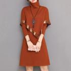 Set: Long-sleeve A-line Dress + Sequined High-neck Poncho