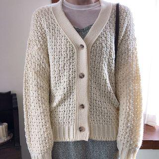 Perforated Waffle-knit Boxy Cardigan