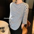 3/4-sleeve Striped Paneled T-shirt Stripe - White - One Size