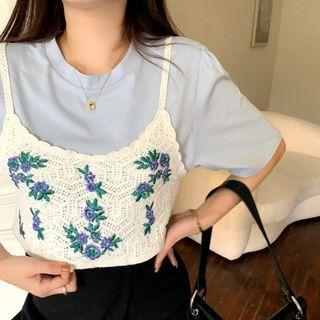 Plain Short-sleeve T-shirt / Embroidered Cropped Knit Tank Top