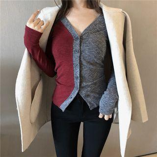 Button-down Colorblock V-neck Top As Figure - One Size