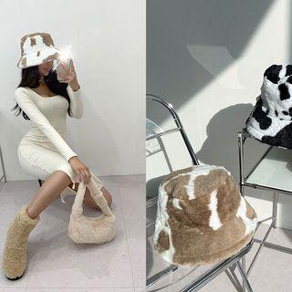 Cow-print Faux-fur Bucket Hat