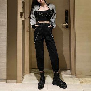 Rhinestone One-shoulder Cropped Camisole / Zip Bomber Jacket / Harem Pants / Set