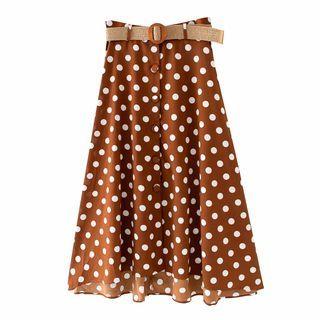 Belted Dotted Midi A-line Skirt