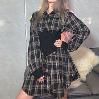 Long-sleeve Mock Two-piece Plaid Mini Shirtdress