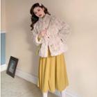 Turtleneck Long-sleeve Top / Corduroy A-line Midi Skirt / Furry Buttoned Jacket