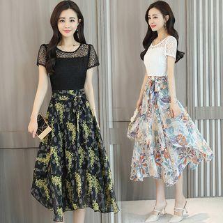 Short-sleeve Lace Trim Chiffon Midi Dress