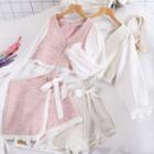 Set Of 2: Long-sleeve Open Front Cardigan + Bow Accent A-line Skort
