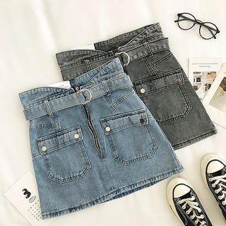 Double-pocket High-waist Denim Skirt With Belt
