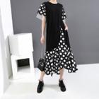 Short-sleeve Dotted Panel Midi A-line Dress Black - One Size