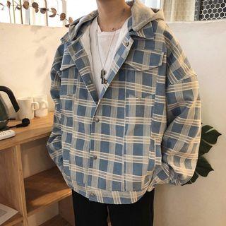 Single Breast Plaid Hooded Jacket