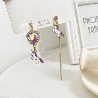 Non-matching Rhinestone Heart Alloy Unicorn Earring