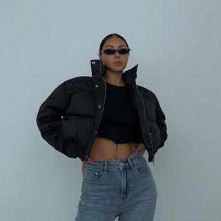 Turtleneck Plain Zip Cropped Padded Jacket