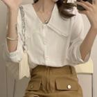 Elbow-sleeve Wide-collar Lace Trim Blouse