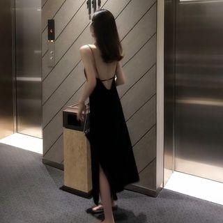 Spaghetti-strap Midi Velvet Dress Black - One Size