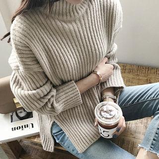 Turtleneck Boxy-hem Rib-knit Sweater