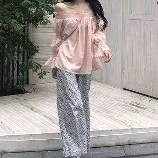 Bell-sleeve Off-shoulder Top / Floral Print Wide-leg Pants